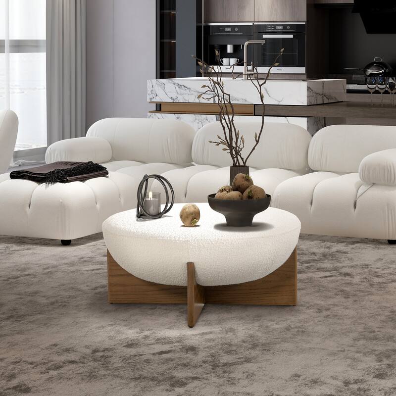 Bali 37" Hemisphere Boucle Cocktail Ottoman with Wood Base - Ivory White