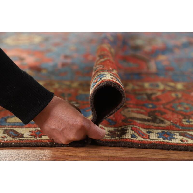 Hand Knotted Oriental 100% Wool Carpet Traditional Geometric Navy Blue & Blues Heriz Area Rug - 8' 5'' X 7' 11''