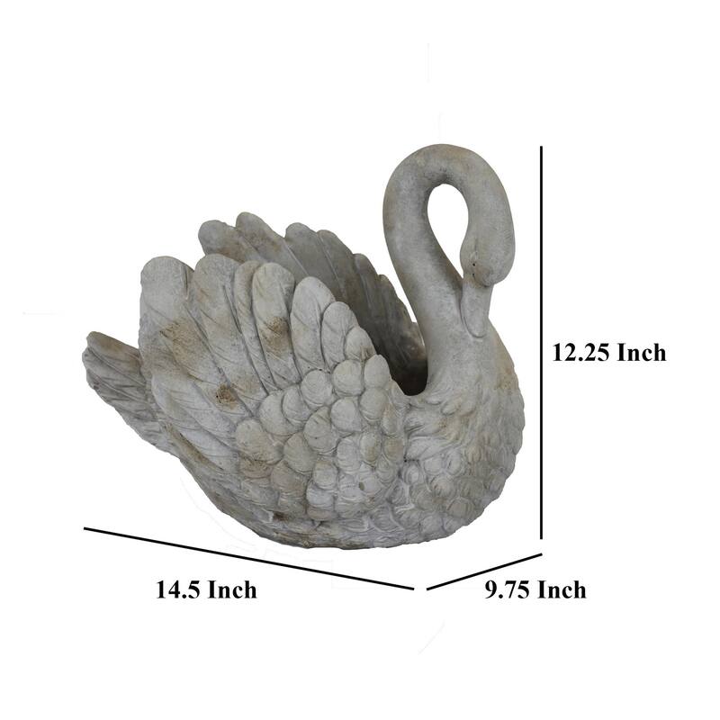 Jina Large Planter with Swan Sculpted Details, Gray Terracotta 12 Inch