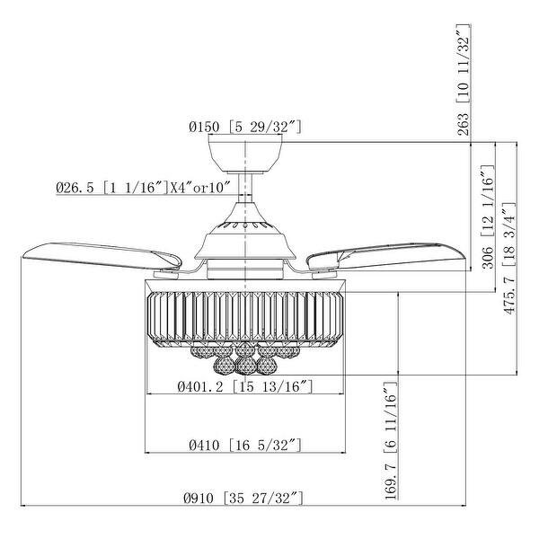 Modern 36 in. Retractable Blades Crystal Ceiling Fan with Light Kit and