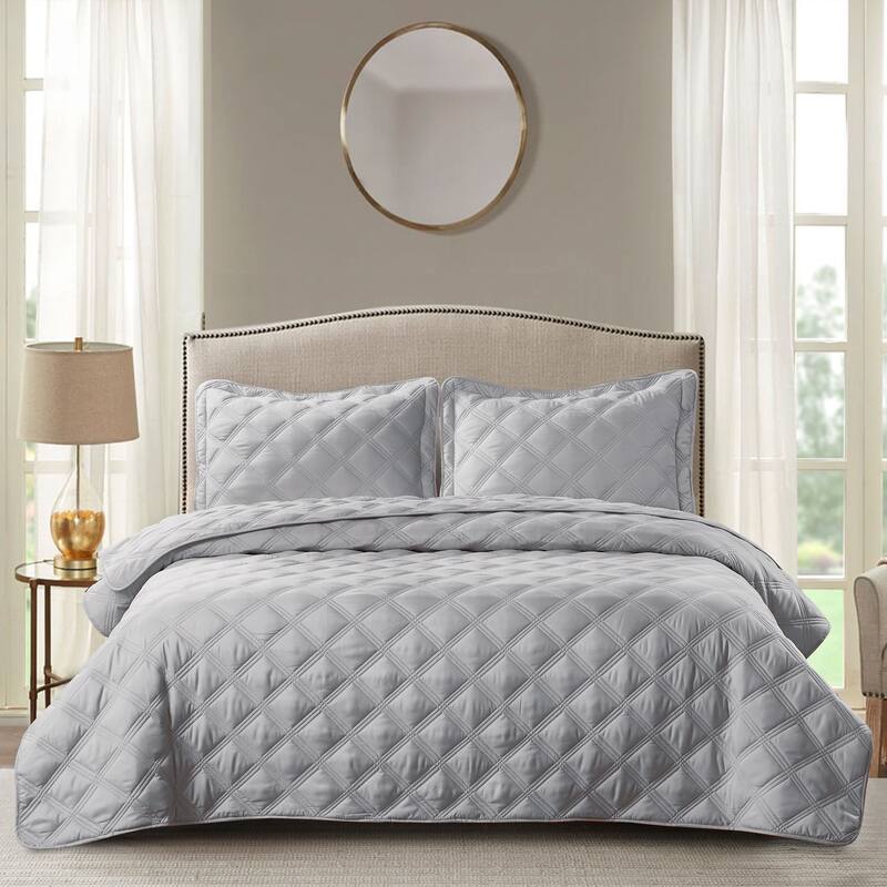 Down Alternative Quilted Oversized Charleston 3 Piece Comforter Set - Grey - Twin