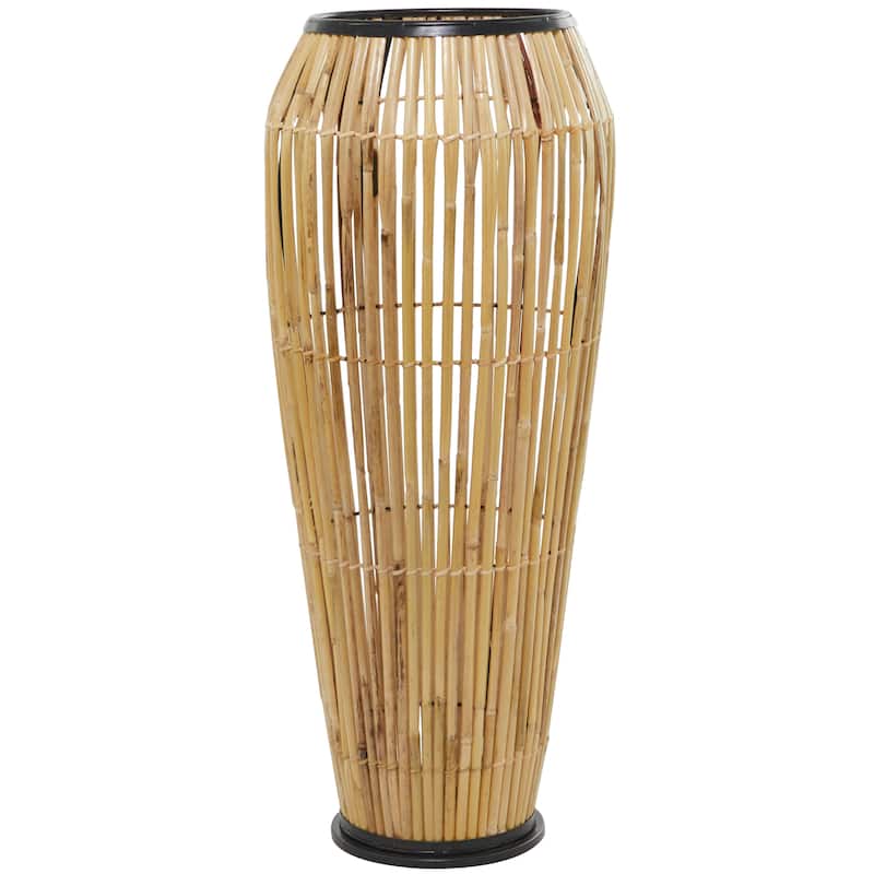 Brown Wicker Wood and Rattan Handmade Slatted Frame Vase with Black Metal Accents
