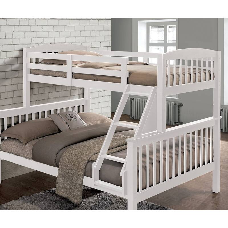 White Twin Over Twin Bunk Bed with Slat Design and Angled Ladder