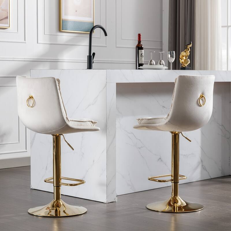 Set of 2 Adjustable Swivel Bar Stools, Cream Velvet with Chrome Footrest & Gold Legs