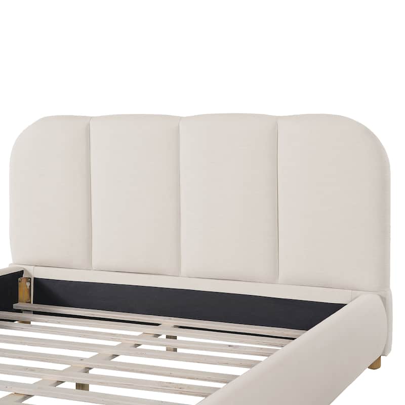 Christopher Knight Home - Modern Upholstered Linen Fabric Bed Frame with Wooden Leg - with Curved Headboard Design