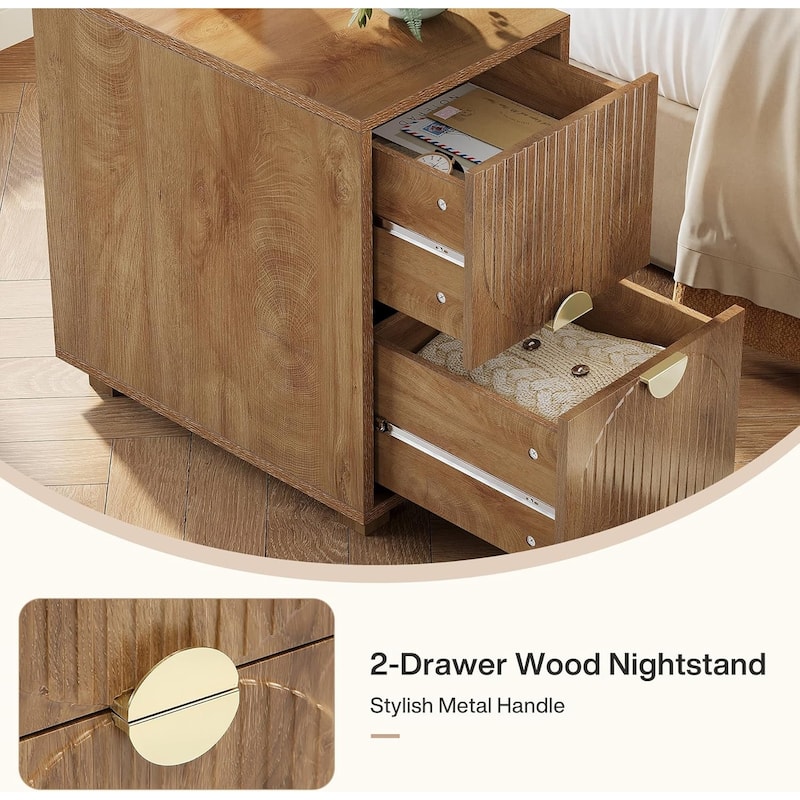 2-Drawer Mid Century Modern Nightstand with Gold Metal Handles, Narrow Slim Bed Side End Table for Bedroom, Living Room
