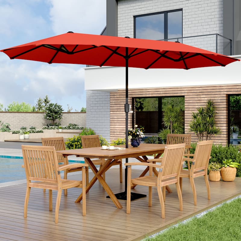 MAISON ARTS Double-Sided 13-foot Twin Outdoor Market Crank Umbrella with Colored LED Lights - Orange Red-No Lights