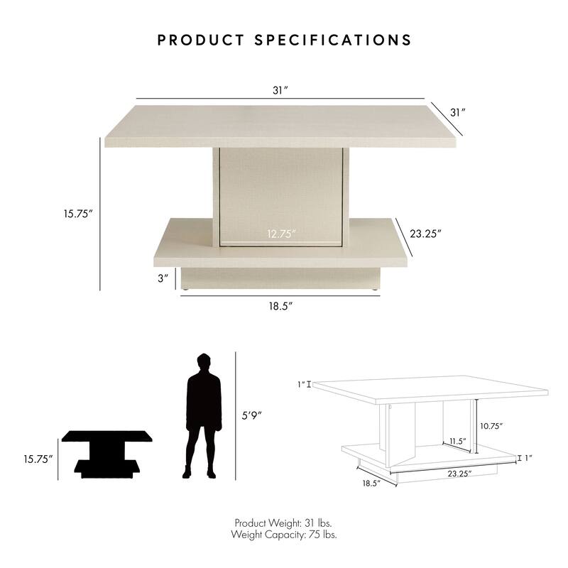 Ross Modern Square Coffee Table with Wrap Around Base Shelf and Hidden Storage by Strick & Bolton