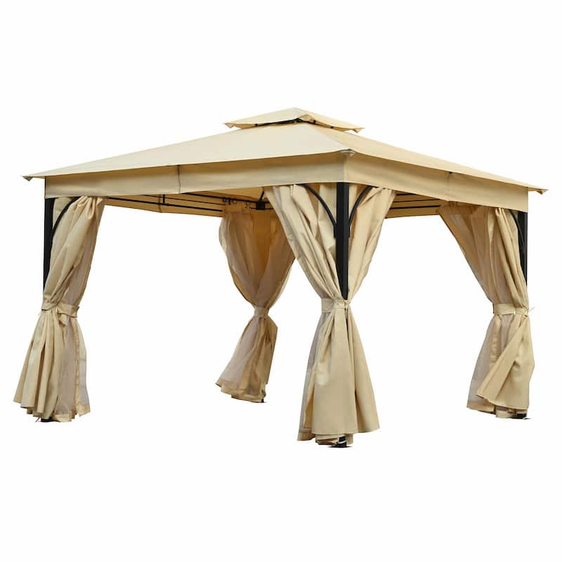 Outdoor Gazebo Tent with Double Roof, Mosquito Netting & Privacy Screens