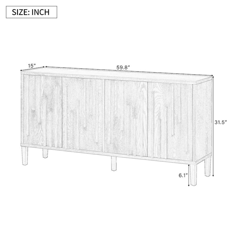 59.8" Wood Sideboard Buffet with Hidden Handles, Ash Veneer 4-Door Cabinet with Storage, Farmhouse Credenza