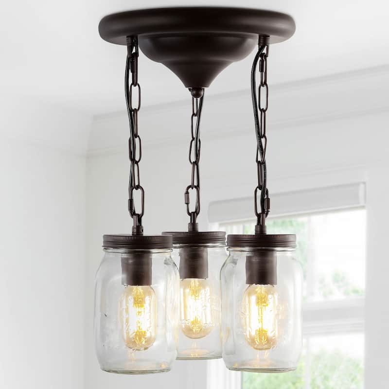 Gaines 11" 3-Light Farmhouse Industrial Iron Mason Jar LED Semi Flush Mount, Oil Rubbed Bronze by JONATHAN Y