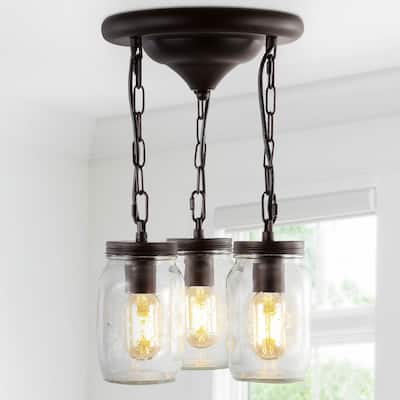 Gaines 11" 3-Light Farmhouse Industrial Iron Mason Jar LED Semi Flush Mount, Oil Rubbed Bronze by JONATHAN Y