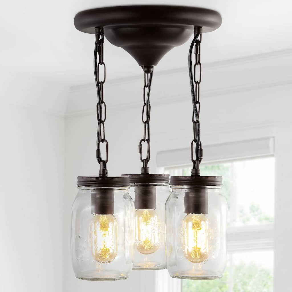 Gaines 11" 3-Light Farmhouse Industrial Iron Mason Jar LED Semi Flush Mount, Oil Rubbed Bronze by JONATHAN Y
