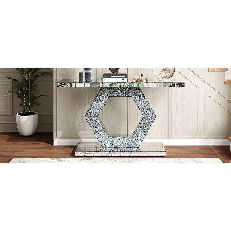 Roomfitters 55" Sparkling Crystal Mirror Console Table, Hexagon Diamond Glass Entryway Table with 2 Tiers, Silver