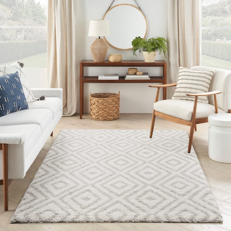 Nourison Modern Shag Indoor only Cream / Ivory Diamond Area Rug - 5' 3" x 7'