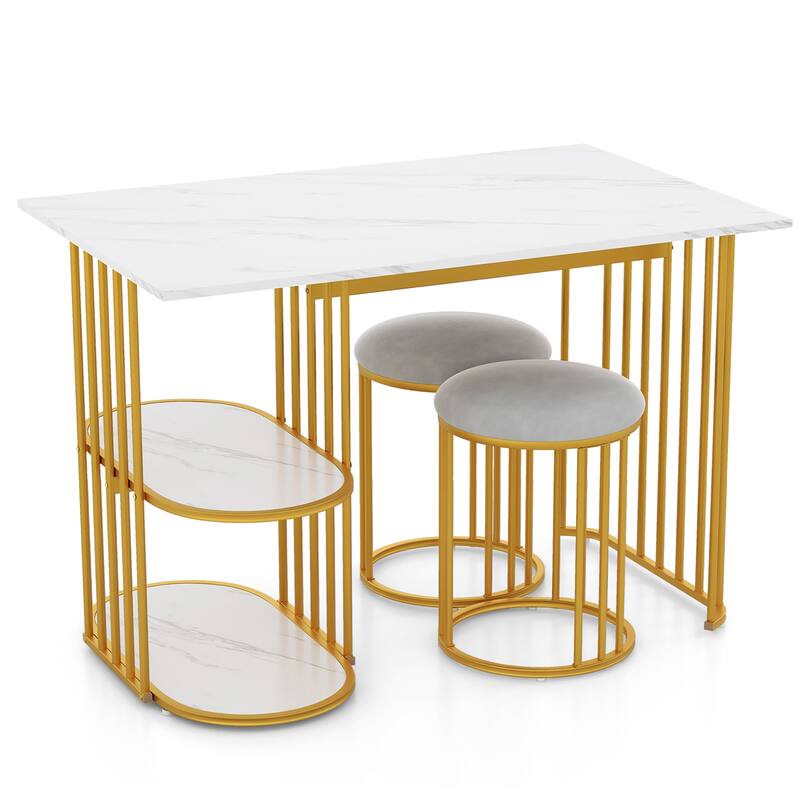Gymax 3 Piece Dining Table Set w/ 2 Stools 2-tier Storage Shelf