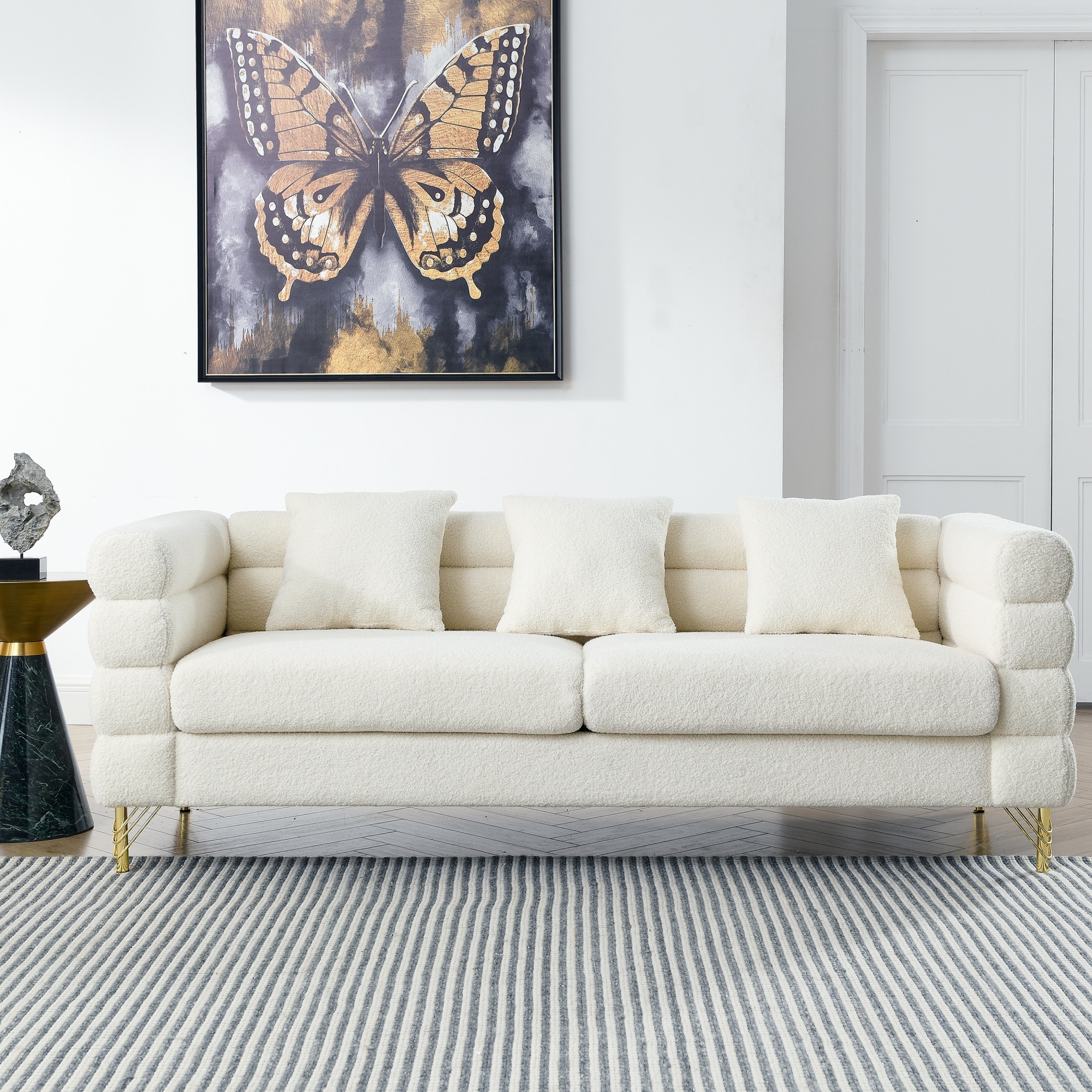 Roomfitters 81" 3-Seater Sectional Sofa, Modern Boucle Upholstered Couch with Gold Legs and 3 Pillows for Living Room, Ivory