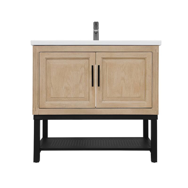 36" Bathroom Vanity with White Ceramic Sink & Hot and Cold Faucet, Freestanding Bathroom Cabinet with 2 Storage Doors