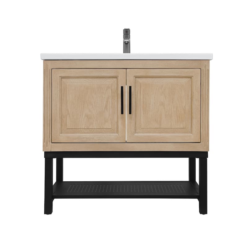 Roomfitters 36 Inch Bathroom Vanity with White Ceramic Sink and Faucet, Freestanding Cabinet with 2 Doors, Natural