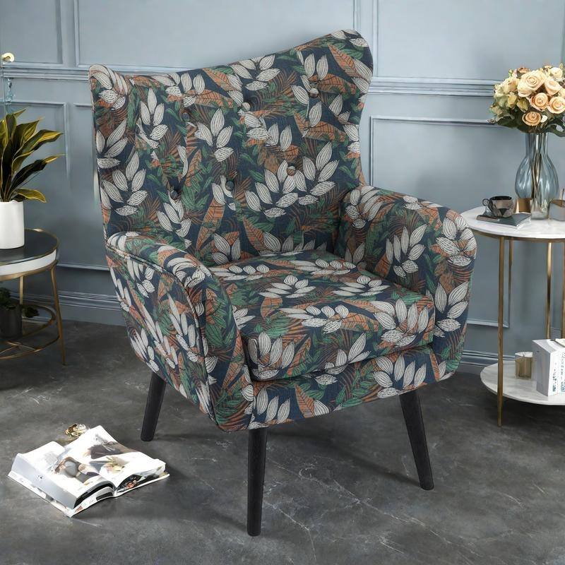 Polyester Wingback Armchair with Button-Tufted Back and Oak Wood Legs - Multi