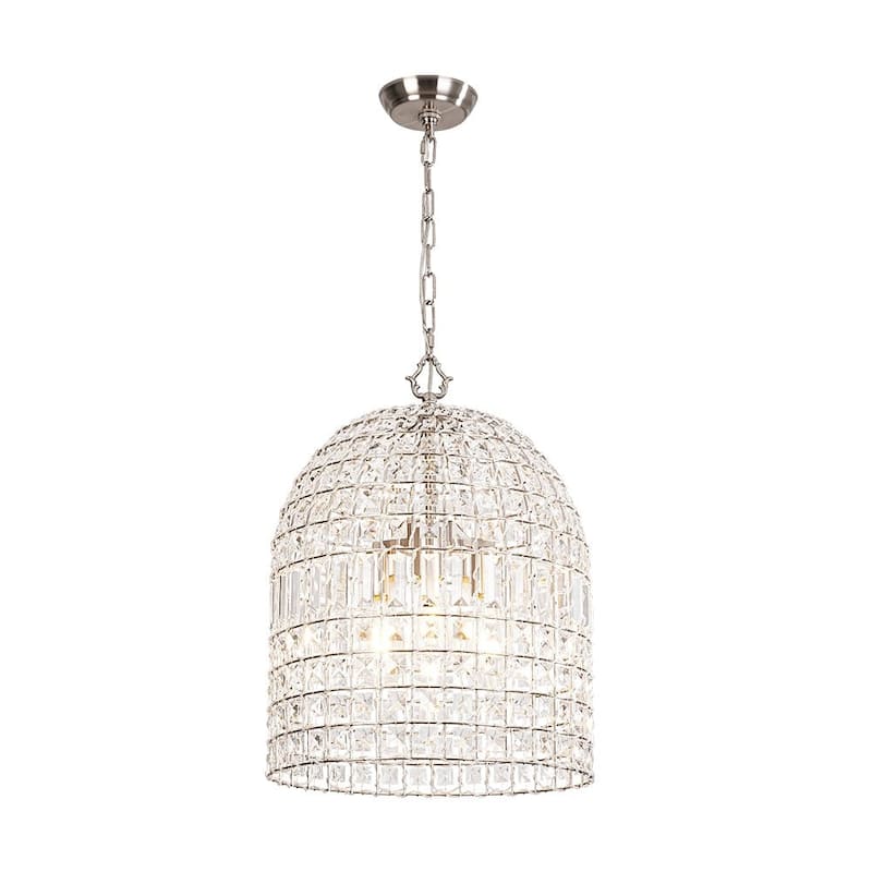 Vintage Glam Crystal Bird Cage Lantern Chandelier - Distressed Brass