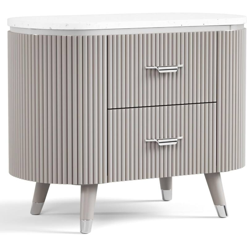 Contemporary Nightstand - Stone Top with Chrome Pulls & Light Gray Finish