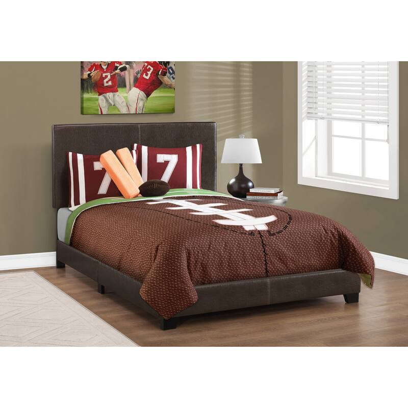 Full Transitional PU Leather Upholstered Bed in Brown with High Headboard and Low Side Rails