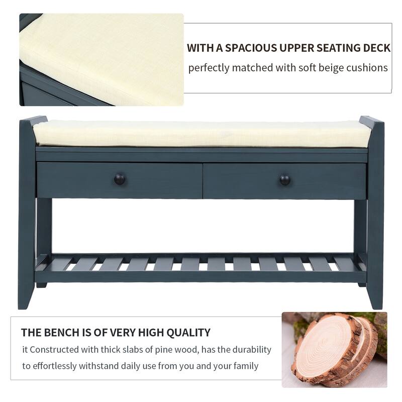 Bench with Removable Cushion, Storage Bench with Multifunctional Wood Shoe Organizer Benches for Entryway, Hallway, Closet