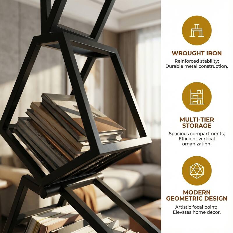 Modern Corner Bookshelf Floor Shelf Wrought Iron Display Rack(Bear Weight:35kg)