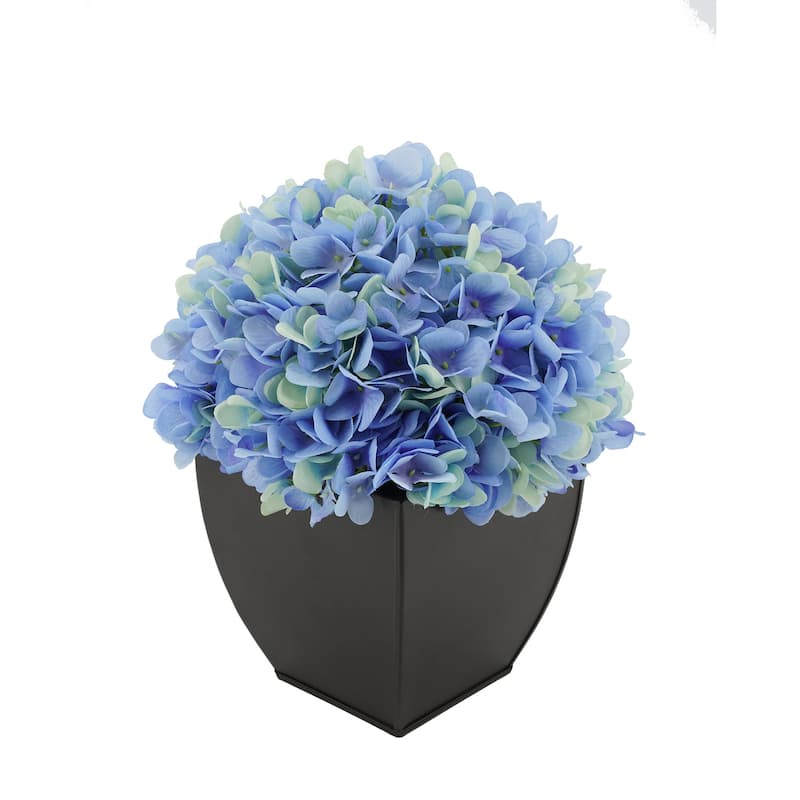 Faux Hydrangea in Matte Brown Tapered Zinc Cube - Blue