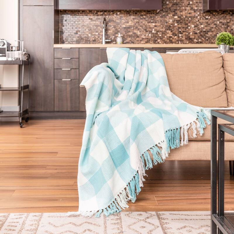 Fabstyles Herringbone Checkered Cotton Throw Blanket with Fringes