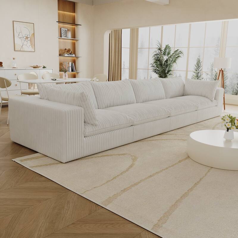 157.6" White Corduroy Fabric Cloud Sofa, Double-layer, Removable Cushion, No Assembly, DIY Combination