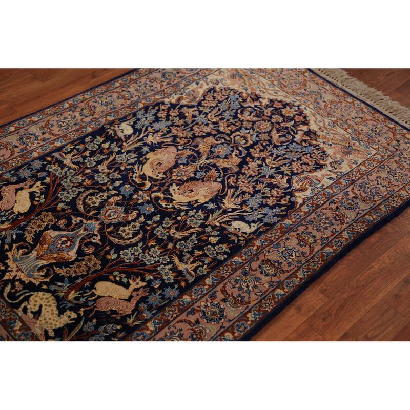Vegetable Dye Blue Animals Isfahan Persian Vintage Wool Carpet - 3'4" x 5'3"