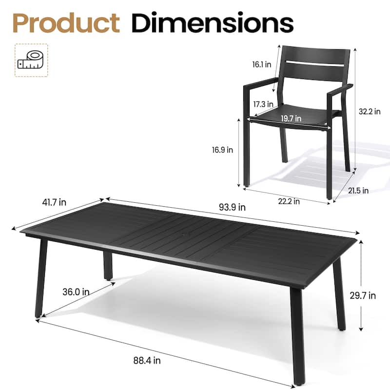 9-PC Outdoor Aluminum Dining Table Set with Stackable Armchairs Umbrella Hole