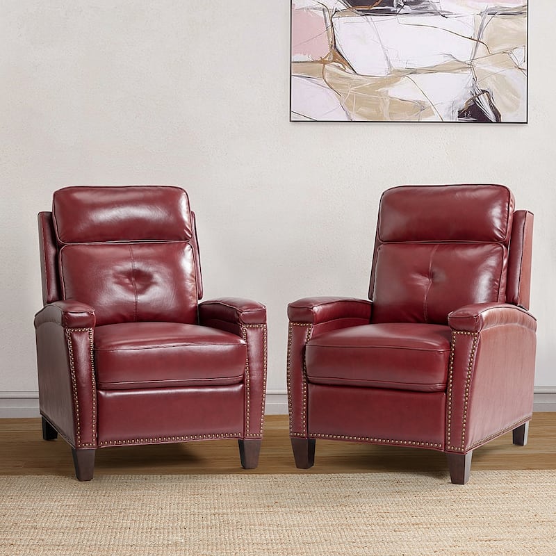 Gaspar Mid-Century Modern Genuine Leather Pushback Recliner with Wood legs Set of 2 by HULALA HOME