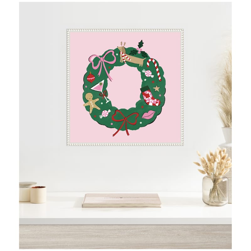 Kate and Laurel Sylvie Beaded Festive Wreath Framed Canvas by Aislinn Simmonds Duchess Plum