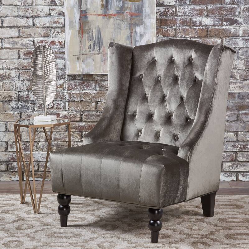 Grey Modern 27.5" High Back Upholstered Button Tufted Club Chair with Rubber Wood Legs - Grey