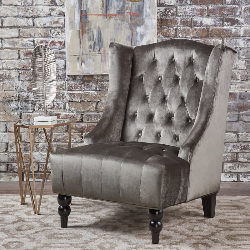 Modern 27.5" High Back Upholstered Button Tufted Club Chair with Rubber Wood Legs - Grey