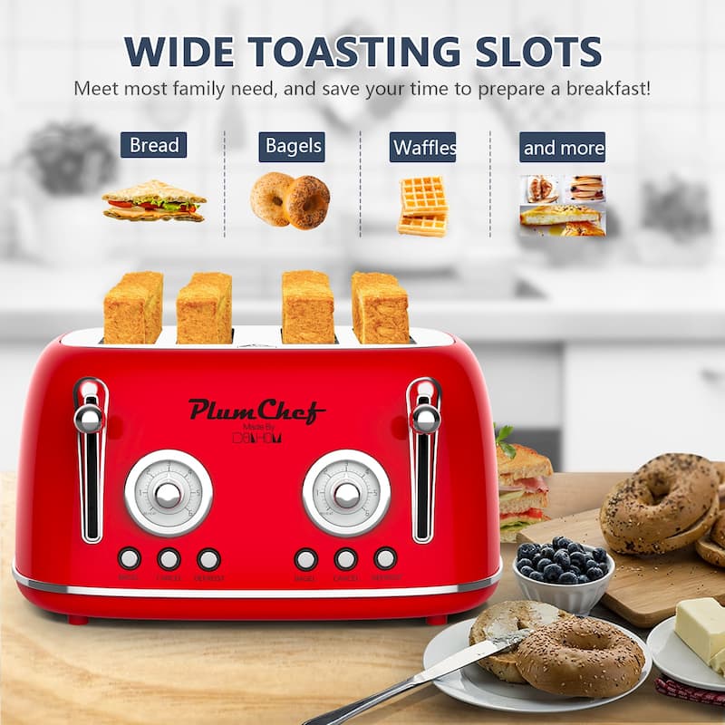 4 Slice Retro Style Toaster, Dual Control Toaster with Warming Rack, 6 Browning Settings, Bagel/Defrost Functions