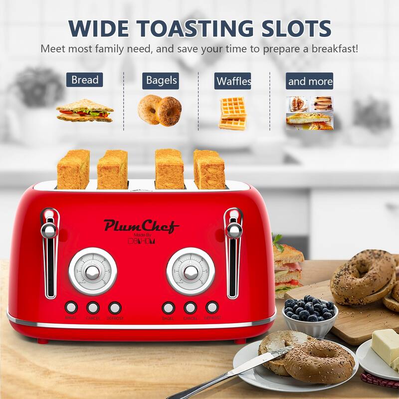 Anmytek Vintage 4-Slice Toaster - Dual Control with Warming Rack, 6 Browning Settings, 1650W Stainless Steel Red