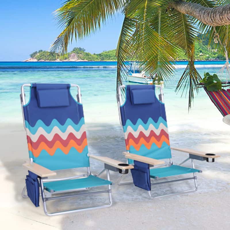2-Piece Lightweight 5-Position Folding Lay Flat Beach Chairs with Tower Bar