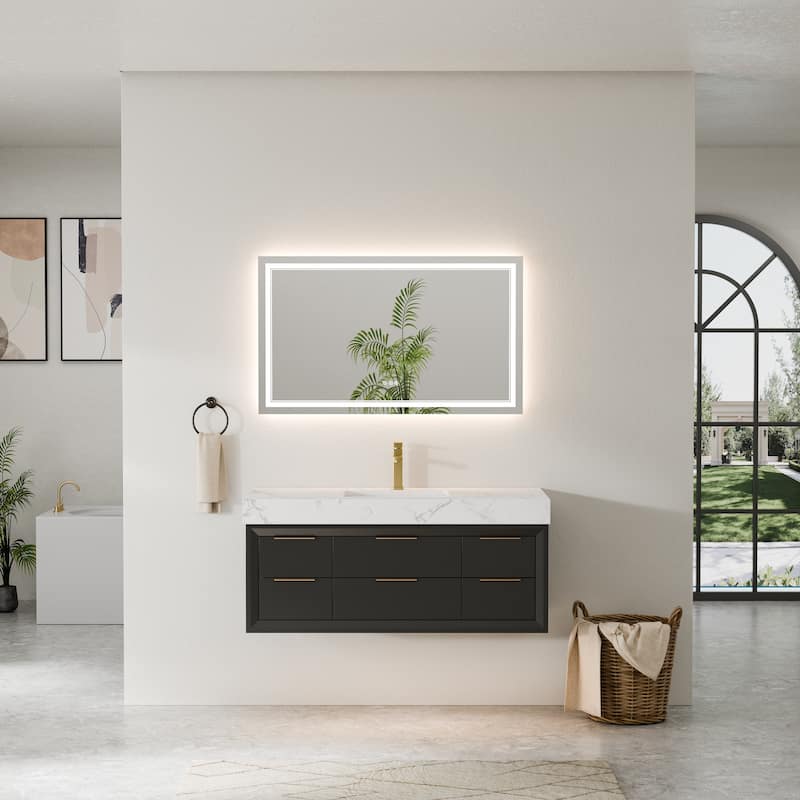 Modland 36/48/60 Inch Black Floating Bathroom Vanity with ETL LED Lights & Soft-Close Drawers, Waterproof Rubberwood