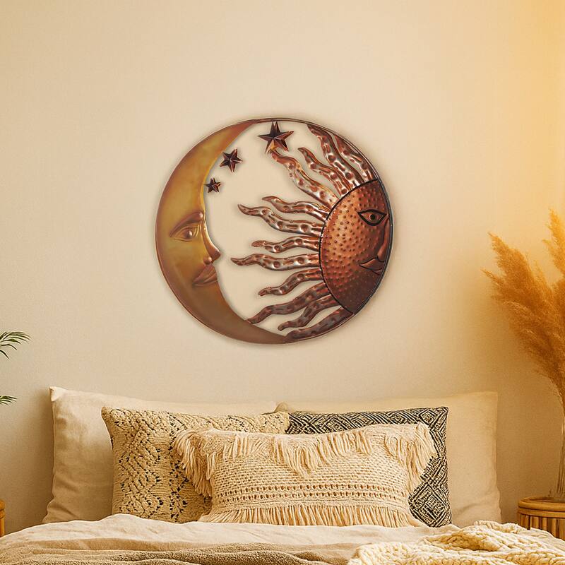 21 Inch Handcrafted Sun and Moon Accent Wall Decor, Round Metal Wall Mount, Rustic Gold, Bronze
