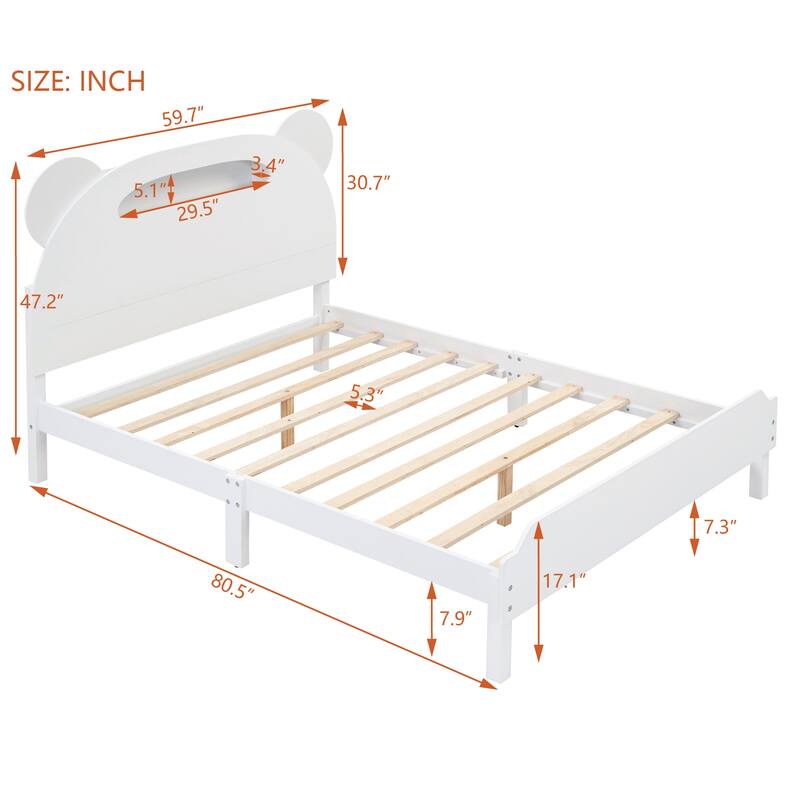 Full Size Wood Platform Bed with Bear-shaped Headboard,Bed with Motion Activated Night Lights