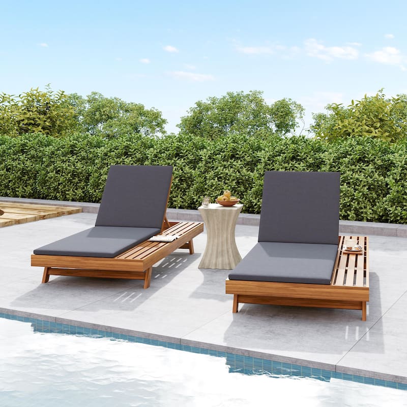 One-sided Open Storage Lounge Chairs Outdoor Patio Acacia Wood Chaise Lounge with Adjustable Backrest & Water-repellent Cushions - 2" Dark Grey Cushions - 2pc