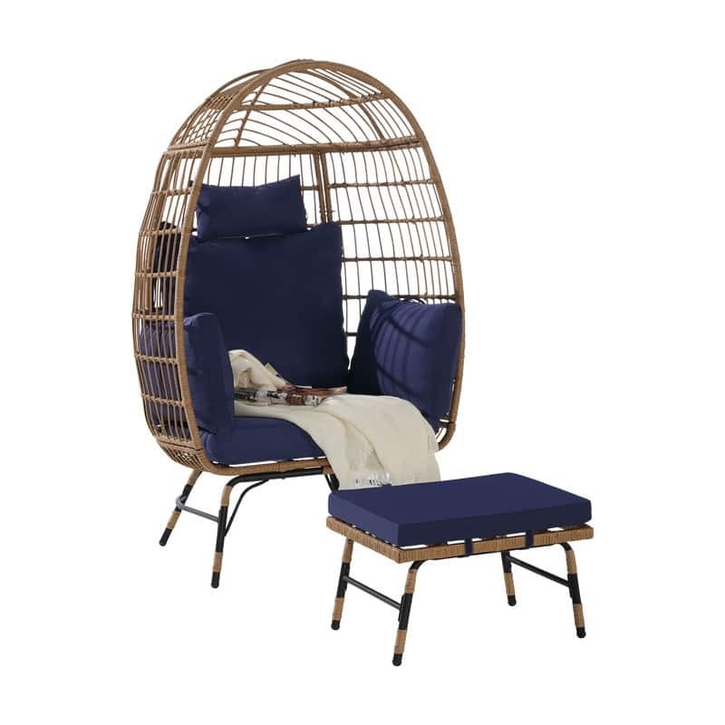 Wicker Egg Chair with Ottoman, Oversized Indoor Outdoor Lounger for Patio, Backyard, Living Room