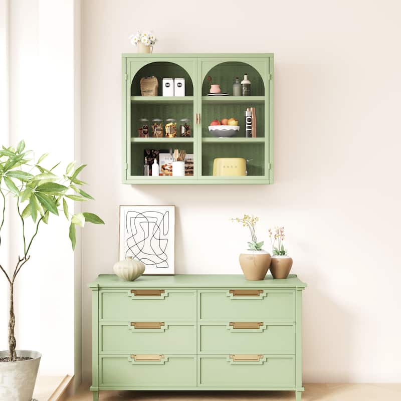 27.56"Glass Doors Modern Two-door Wall Cabinet - Green