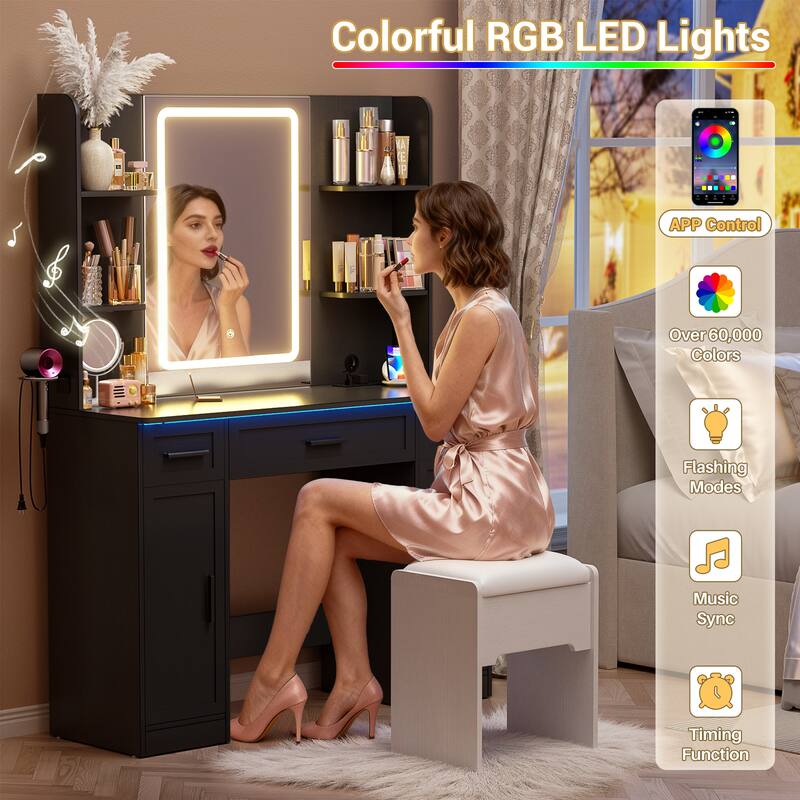 Modern Farmhouse Vanity Table with LED Mirror, Makeup Vanity Desk with Drawer, Cabinet, and Shelves