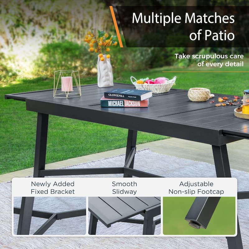 Expandable Metal Patio Dining Table for 6-8, Adjustable Legs, Black Grate Top