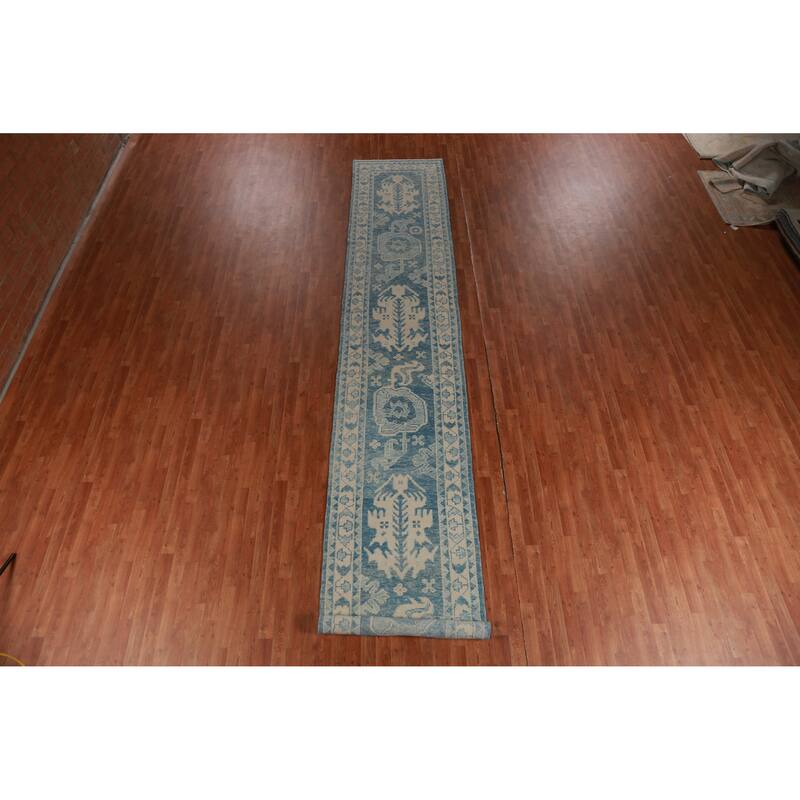 Hand Knotted Oriental 100% Wool Carpet Transitional Geometric Navy Blue & Blues Oushak Runner Rug - 18' 8'' X 3' 2''